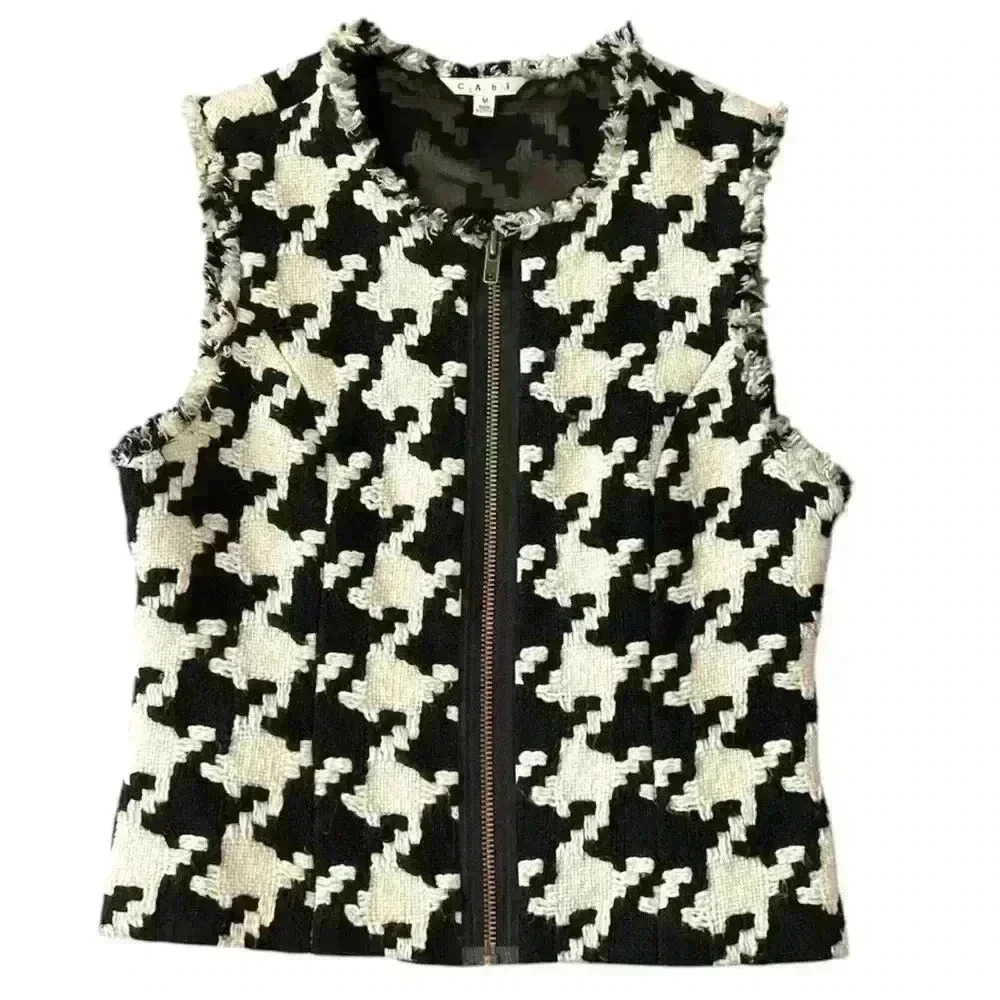 CAbi Black and White Houndstooth Vest with Mock Neck
